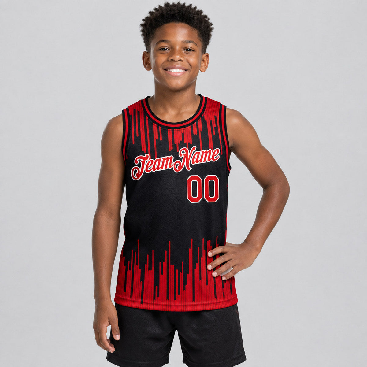 Custom Black Abstract Vertical Lines Authentic Basketball Jersey with Red and White Lettering youth size worn by child model