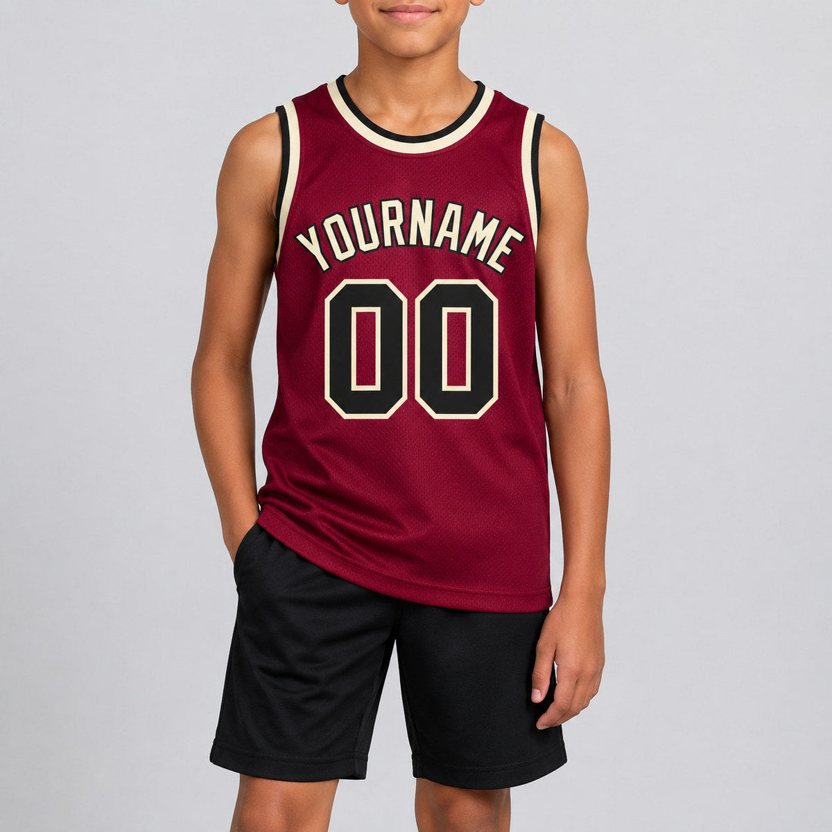 Custom Maroon Authentic Throwback Basketball Jersey with Black and Cream Lettering Design 0104 youth size worn by child model