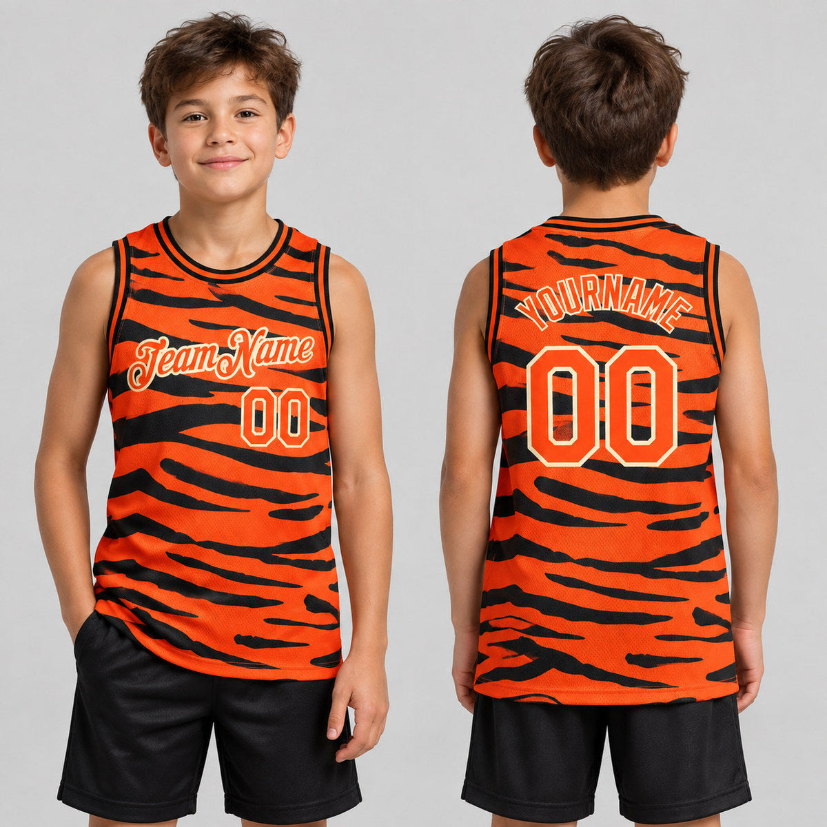 Custom Orange Tiger Print Authentic Basketball Jersey with Cream Lettering youth size worn by child model