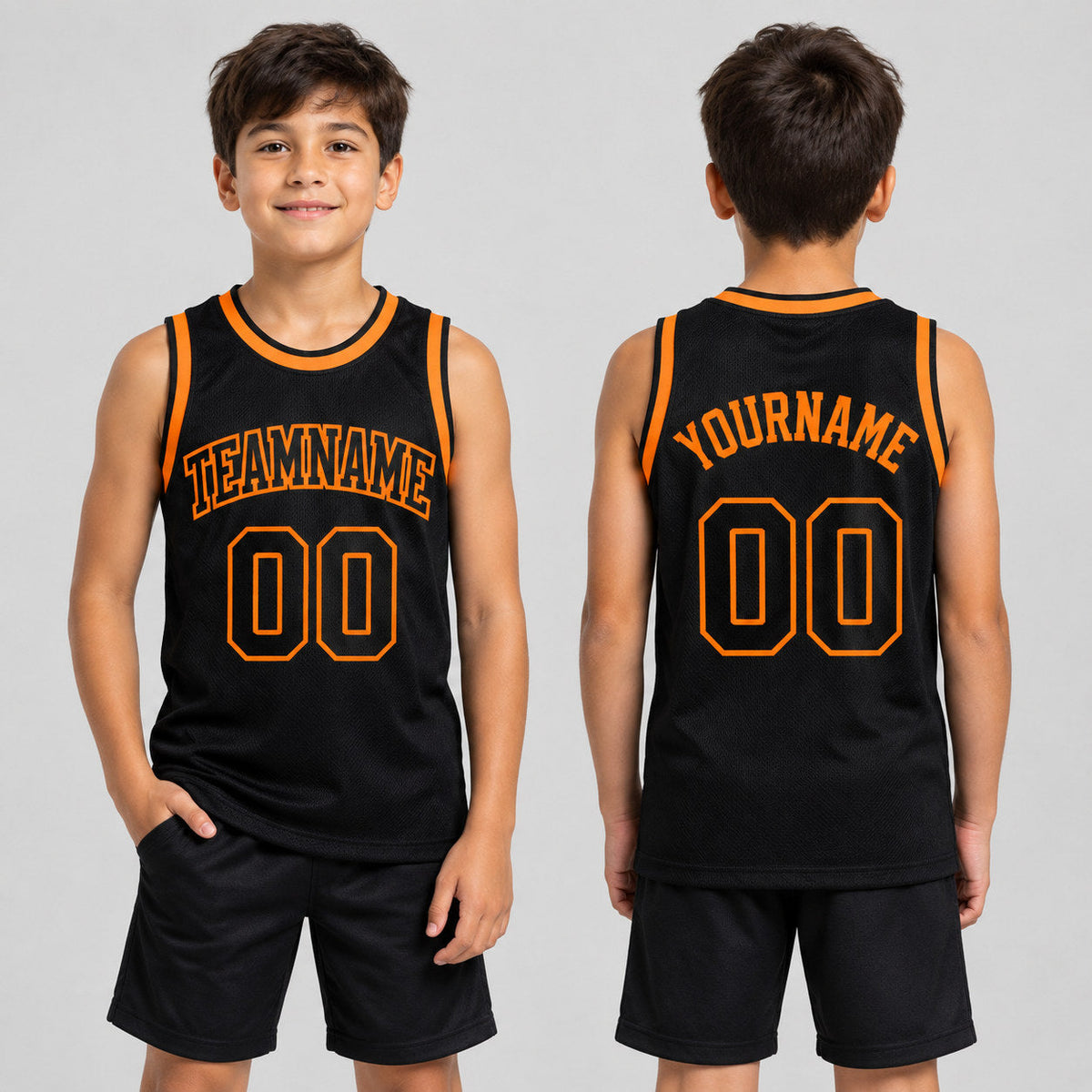 Custom Black Authentic Throwback Basketball Jersey with Bay Orange Lettering youth size worn by child model