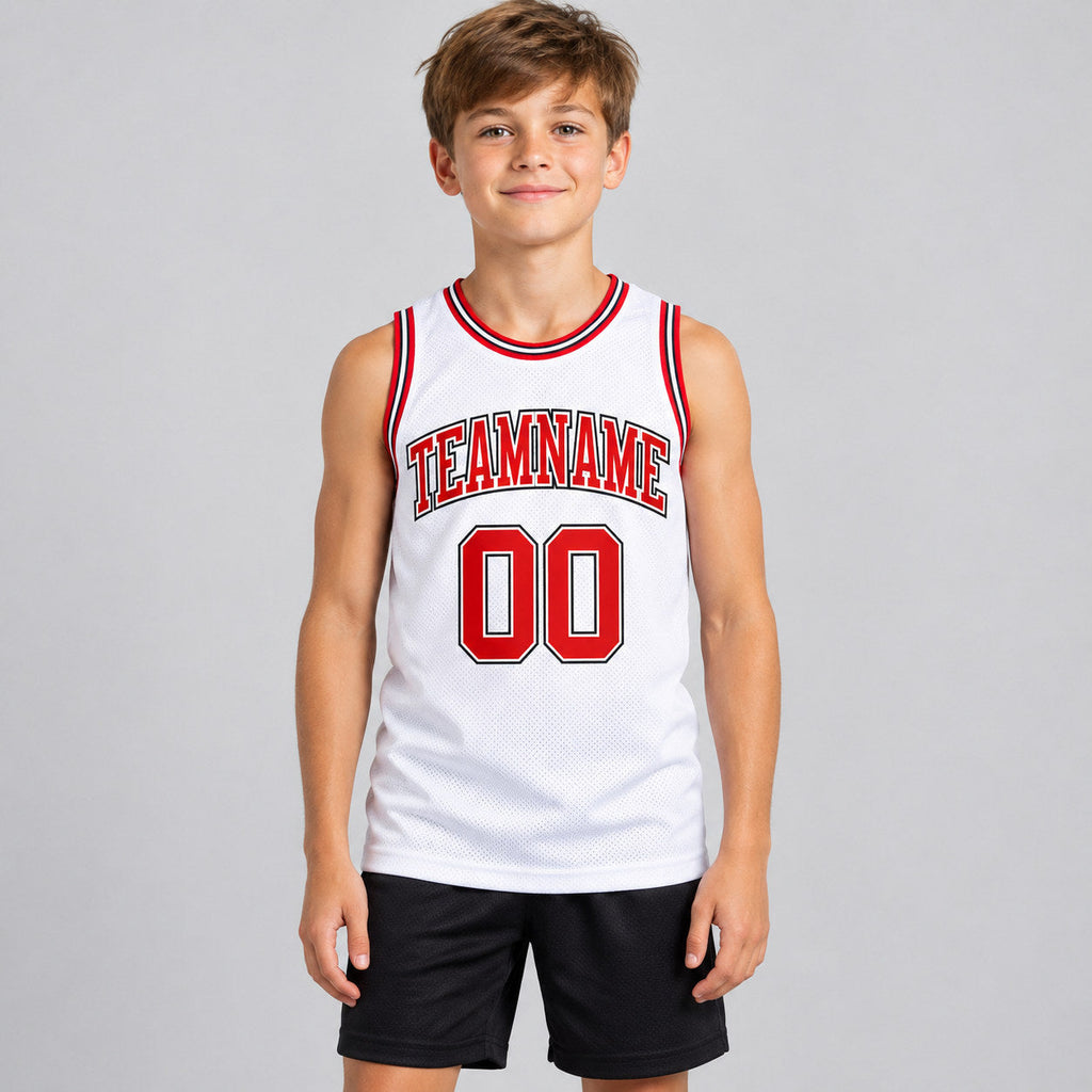 Custom White Authentic Throwback Basketball Jersey with Red and Black Lettering Design 1287 youth size worn by child model