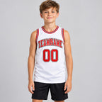 Custom White Authentic Throwback Basketball Jersey with Red and Black Lettering Design 1287 youth size worn by child model