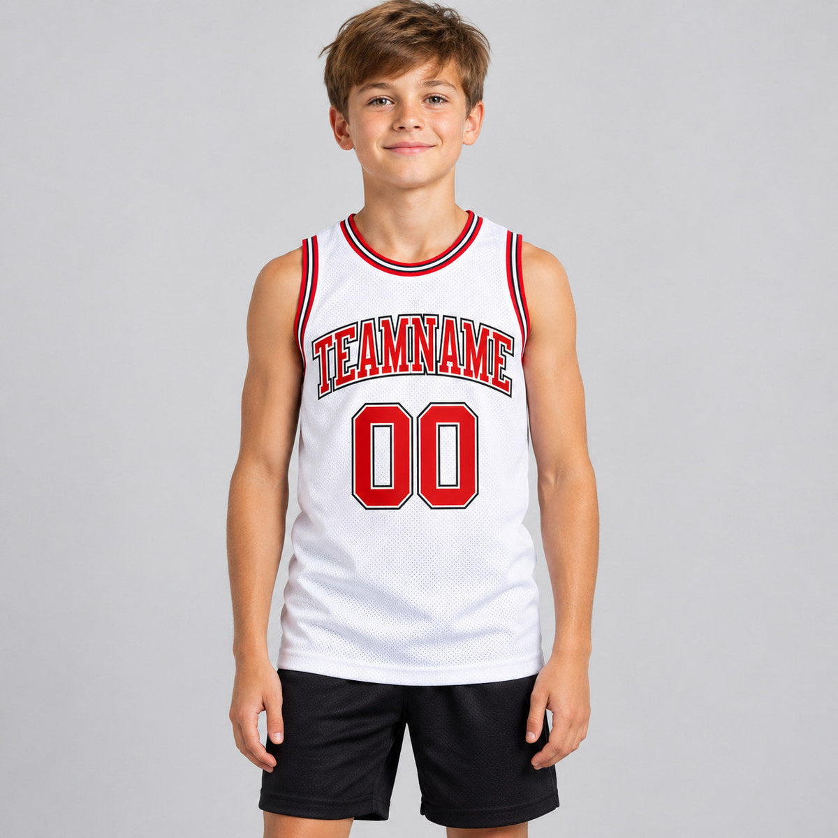 Custom White Authentic Throwback Basketball Jersey with Red and Black Lettering Design 1287 youth size worn by child model