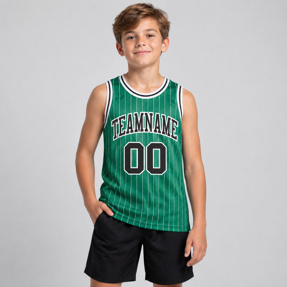 Custom Kelly Green Pinstripe Authentic Basketball Jersey with White Lettering Design 0390 youth size worn by child model