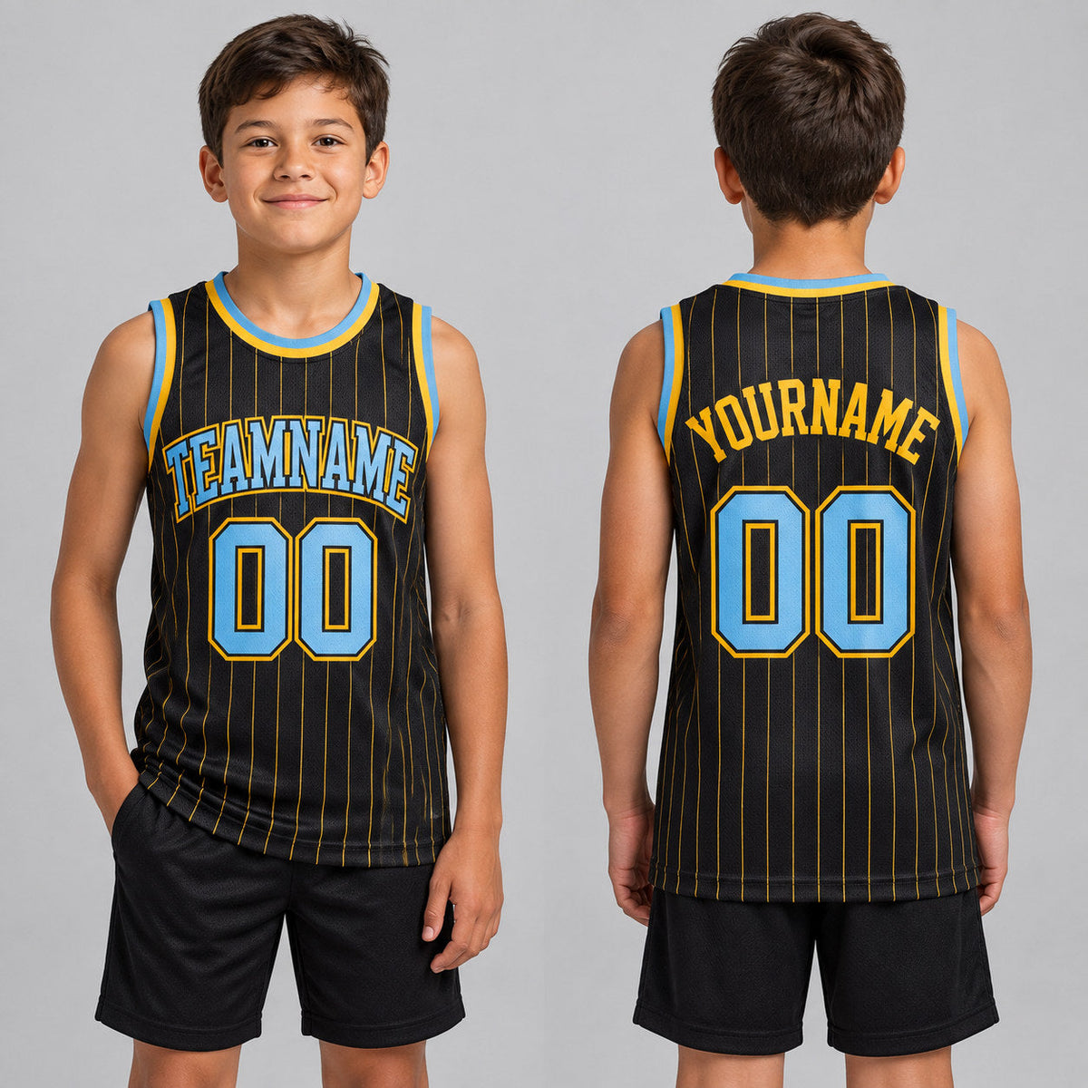Custom Black and Gold Pinstripe Authentic Basketball Jersey with Light Blue and Gold Lettering youth size worn by child model