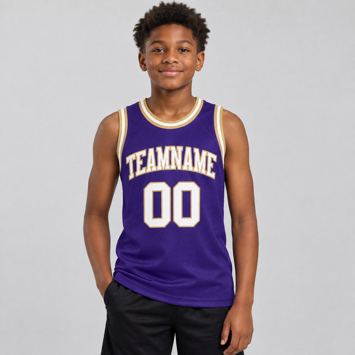 Custom Purple Authentic Throwback Basketball Jersey with White and Old Gold Lettering Design 0372 youth size worn by child model