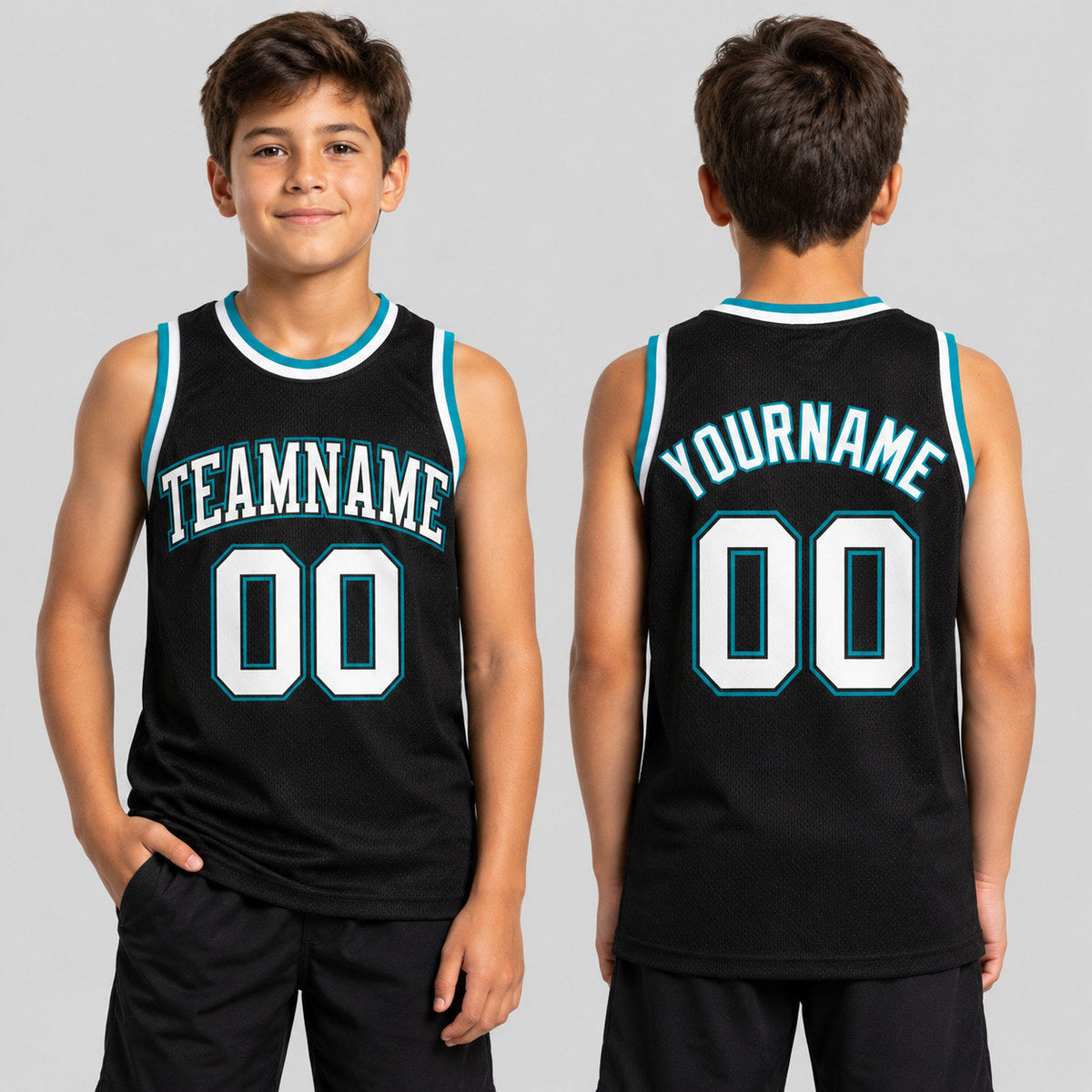 Custom Black Authentic Throwback Basketball Jersey with White and Teal Lettering Design 1179 youth size worn by child model