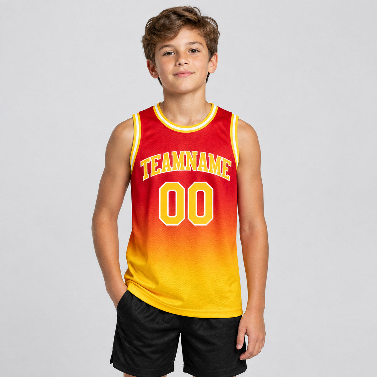 Custom Red Fade Authentic Basketball Jersey with Gold and White Lettering youth size worn by child model