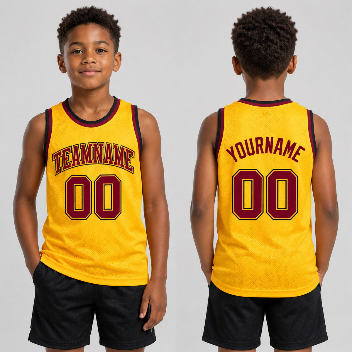 Custom Gold Authentic Throwback Basketball Jersey with Maroon and Black Lettering youth size worn by child model