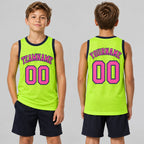 Custom Neon Green Authentic Throwback Basketball Jersey with Pink and Navy Lettering youth size worn by child model