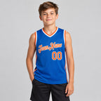 Custom Blue Authentic Throwback Basketball Jersey with Orange and White Lettering Design 0204 youth size worn by child model