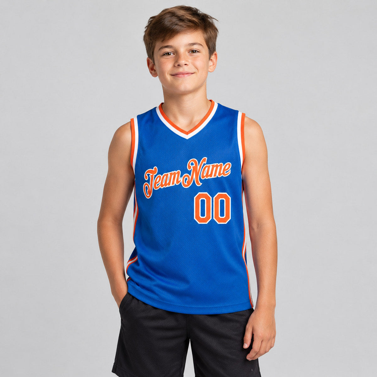 Custom Blue Authentic Throwback Basketball Jersey with Orange and White Lettering Design 0204 youth size worn by child model