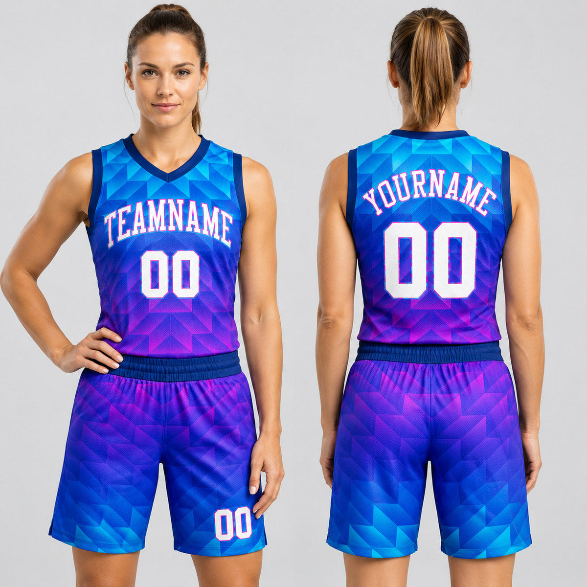 Custom Royal and White Round Neck Basketball Jersey with Light Blue and Hot Pink Lettering worn by female model