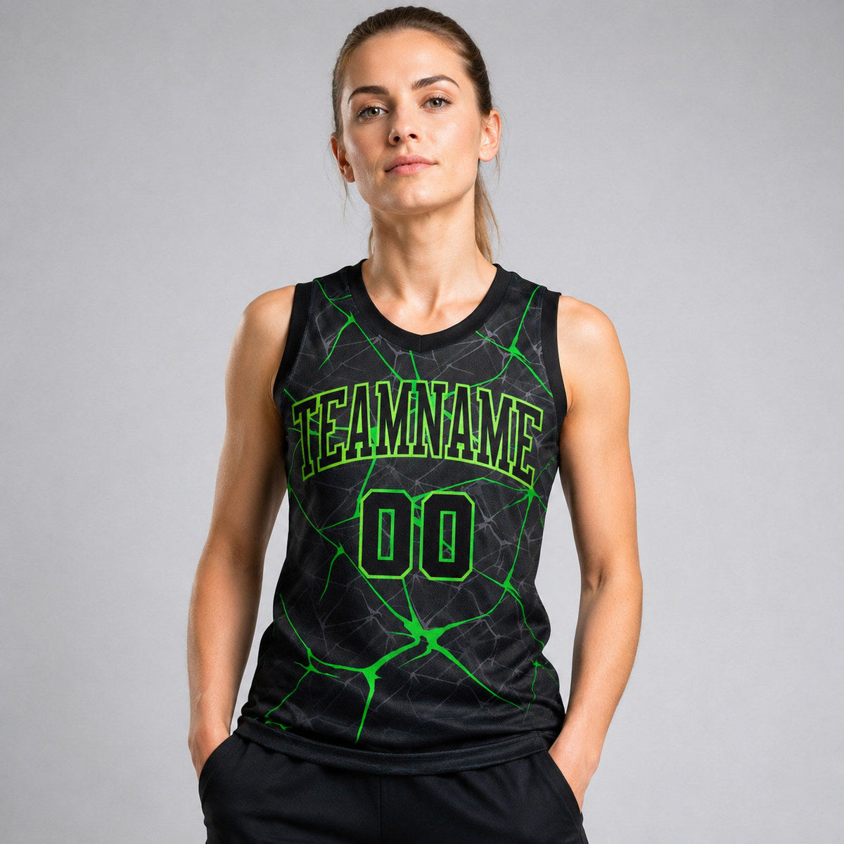 Custom Black Round Neck Sublimated Basketball Jersey with Neon Green Lettering Design 0038 worn by female model