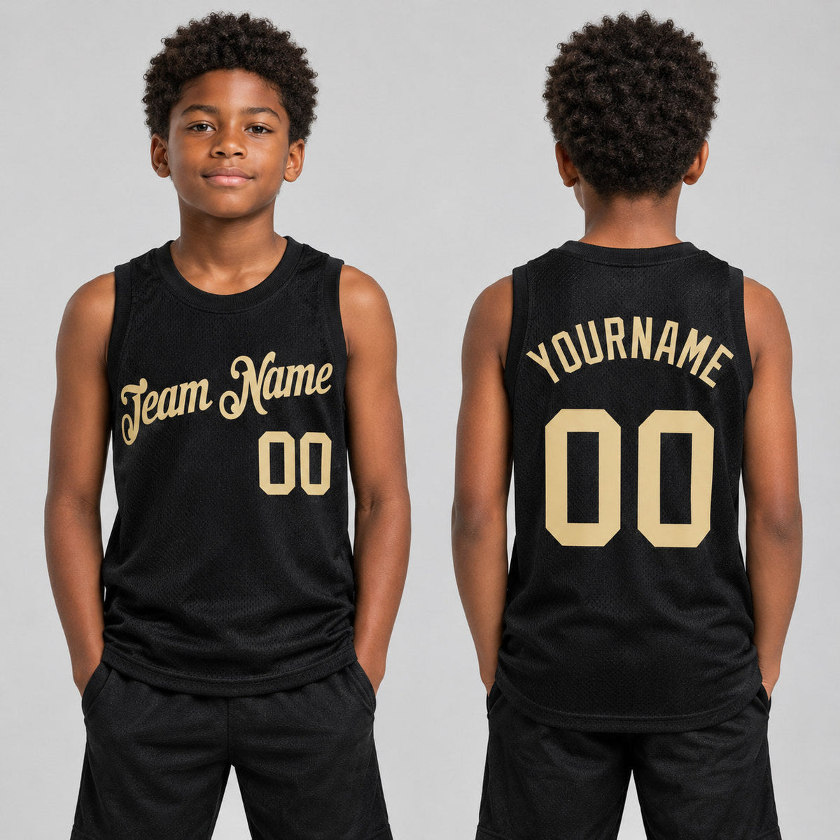 Custom Black Authentic Throwback Basketball Jersey with Vegas Gold Lettering youth size worn by child model