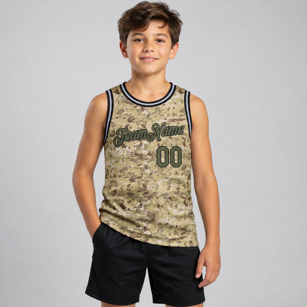 Custom Olive and Black Camo Salute To Service Authentic Basketball Jersey youth size worn by child model