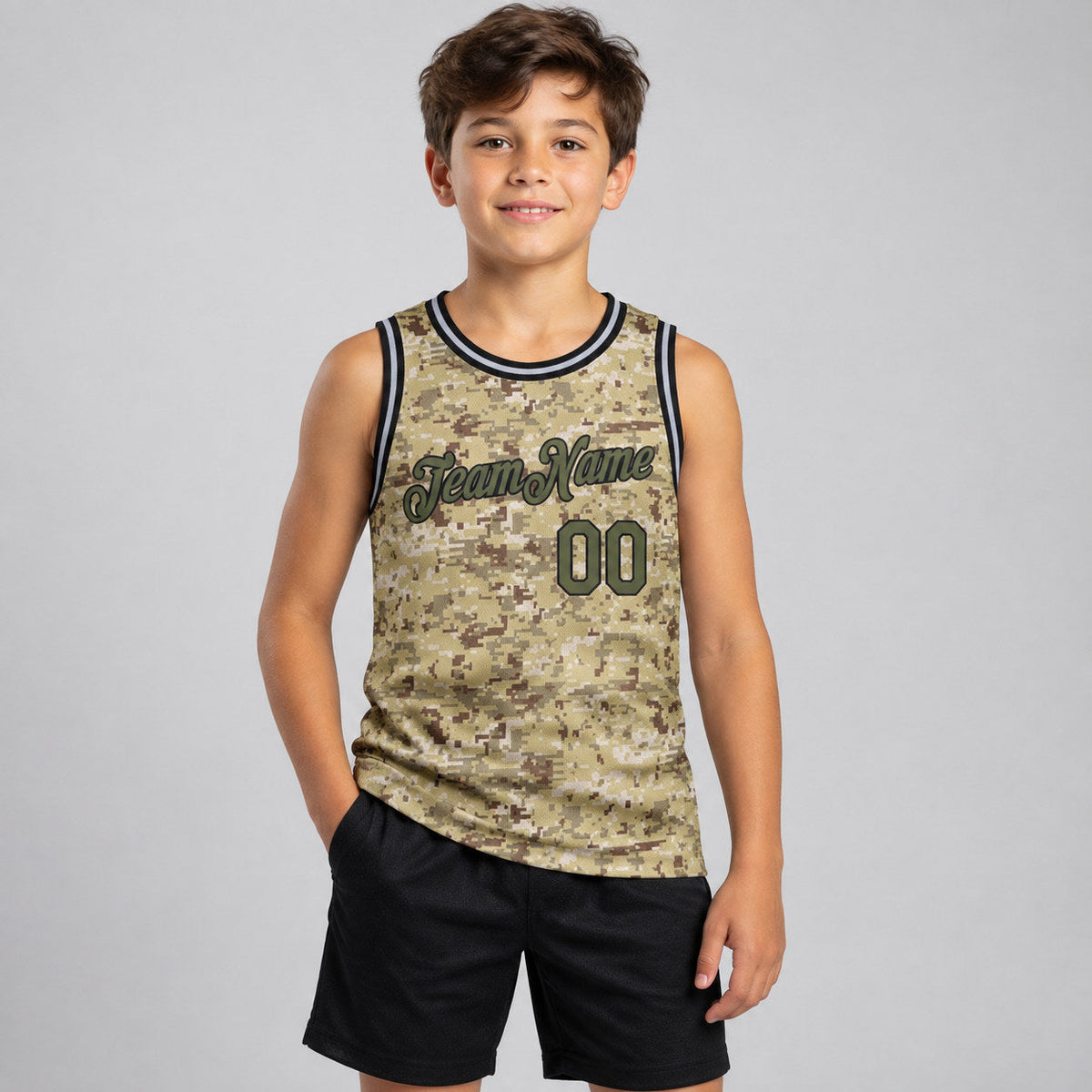 Custom Olive and Black Camo Salute To Service Authentic Basketball Jersey youth size worn by child model