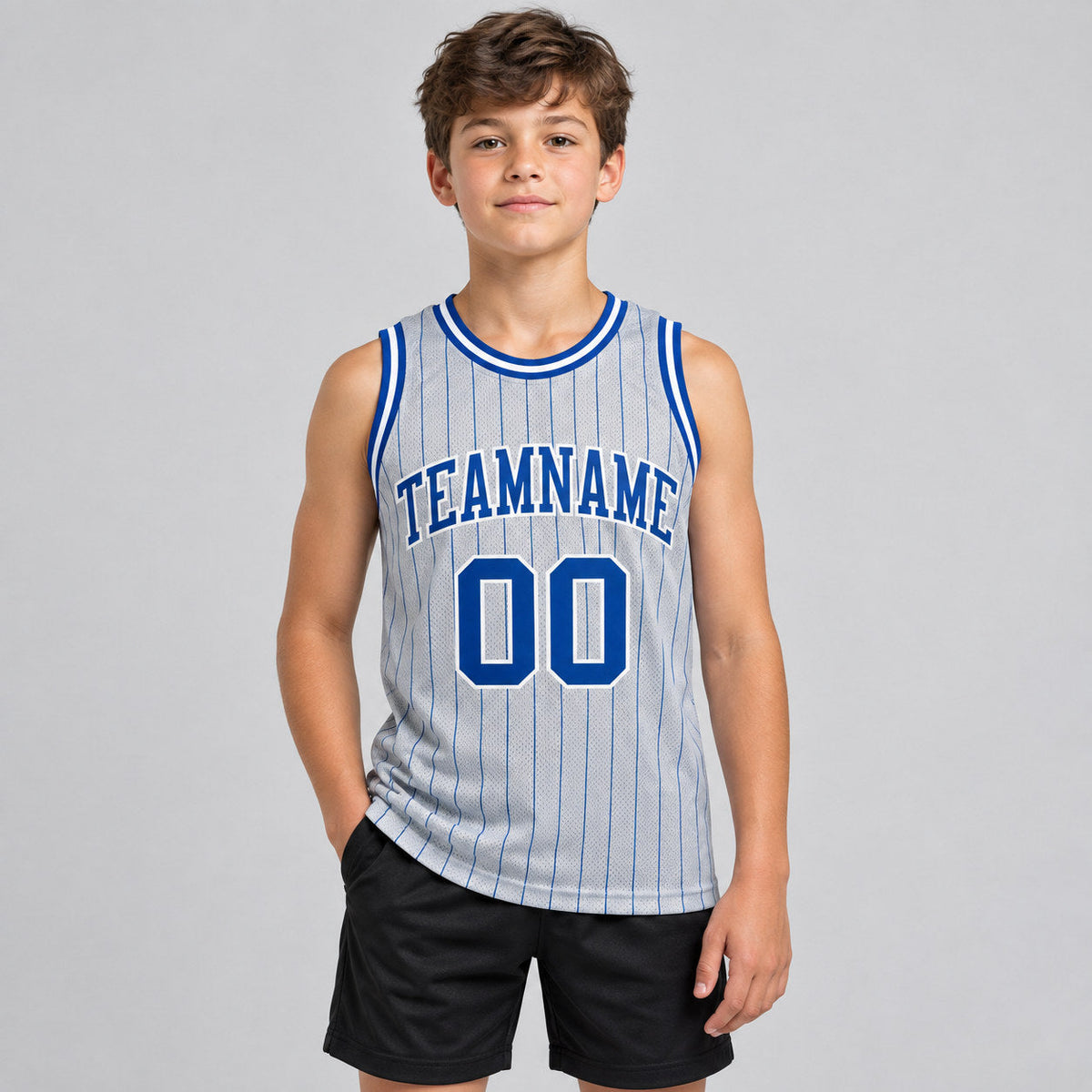 Custom Gray and Royal Pinstripe Authentic Basketball Jersey with Royal and White Lettering youth size worn by child model