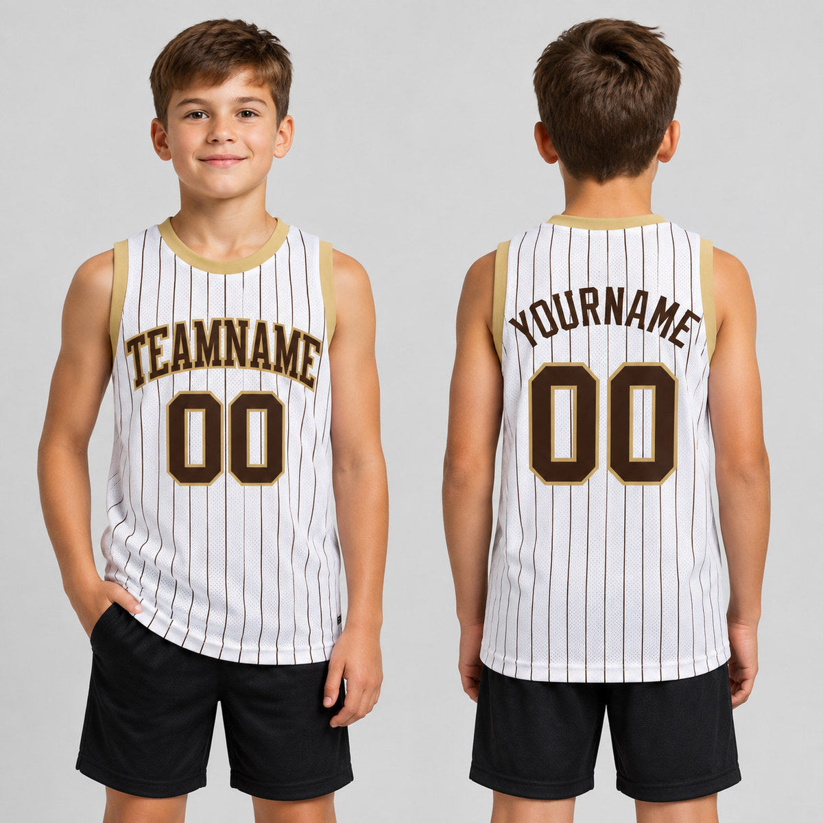 Custom White and Brown Pinstripe Authentic Basketball Jersey with Brown and Old Gold Lettering youth size worn by child model