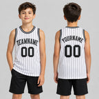 Custom White and Black Pinstripe Authentic Basketball Jersey with Black and Gray Lettering Design 1219 youth size worn by child model