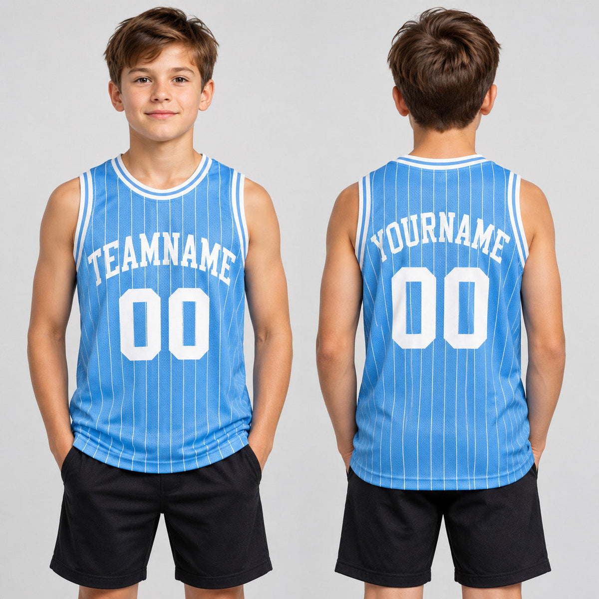 Custom Light Blue Pinstripe Authentic Basketball Jersey with White Lettering Design 0400 youth size worn by child model