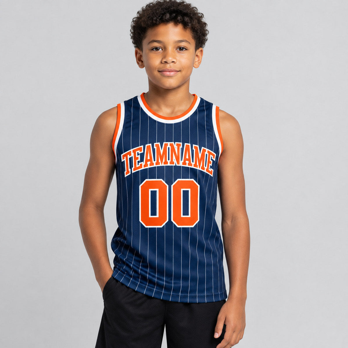 Custom Navy Pinstripe Authentic Basketball Jersey with White Lettering Design 0564 youth size worn by child model