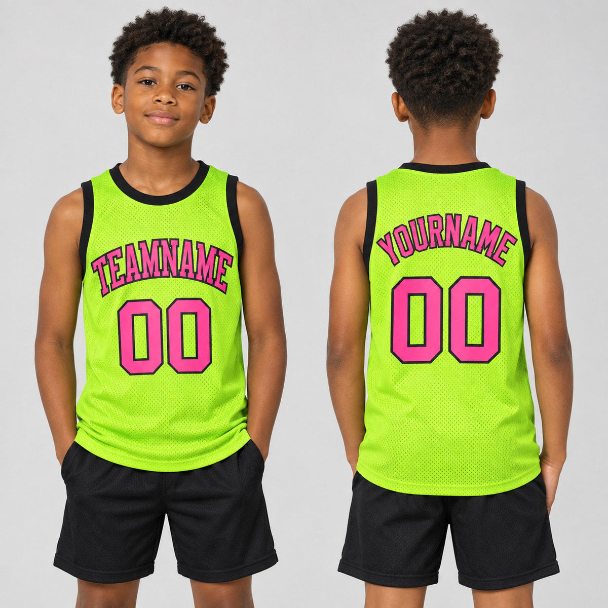 Custom Neon Green Authentic Throwback Basketball Jersey with Pink and Black Lettering youth size worn by child model