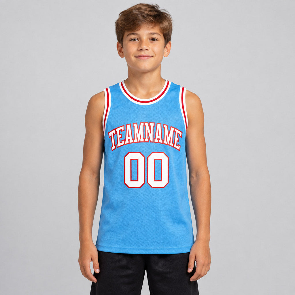 Custom Light Blue Authentic Throwback Basketball Jersey with White and Red Lettering Design 0386 youth size worn by child model