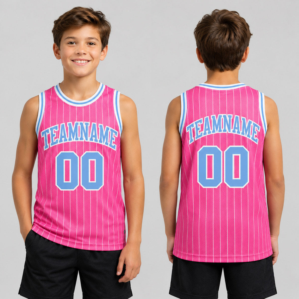 Custom Pink and White Pinstripe Authentic Basketball Jersey with Light Blue and White Lettering youth size worn by child model