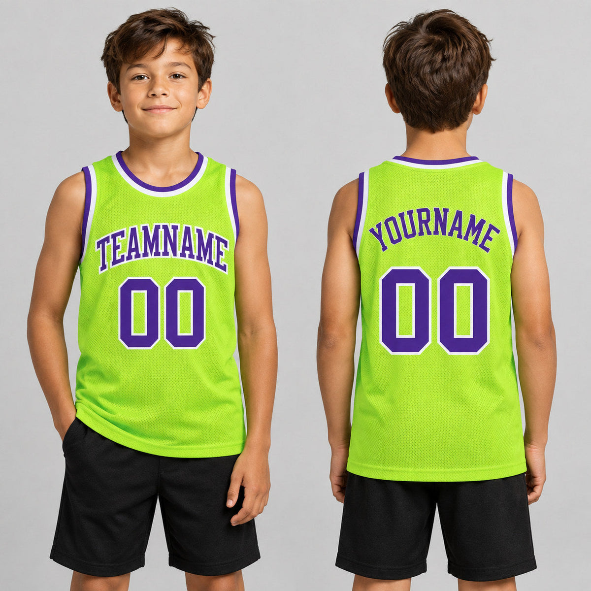 Custom Neon Green Authentic Throwback Basketball Jersey with Purple and White Lettering Design 0097 youth size worn by child model