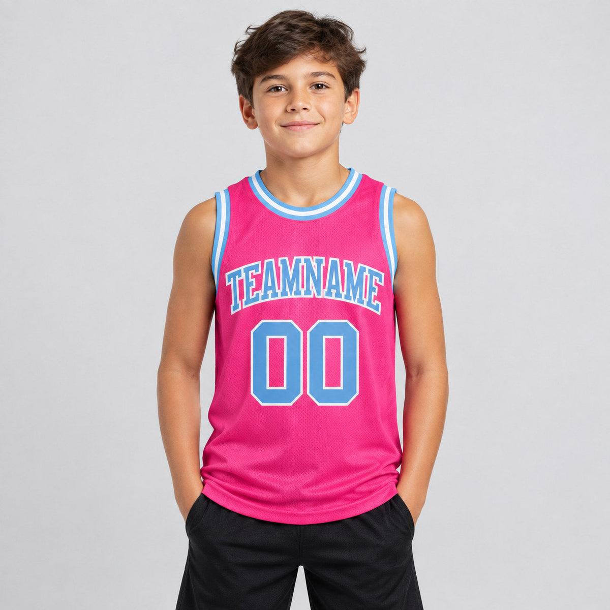 Custom Pink Authentic Throwback Basketball Jersey with Light Blue and White Lettering youth size worn by child model