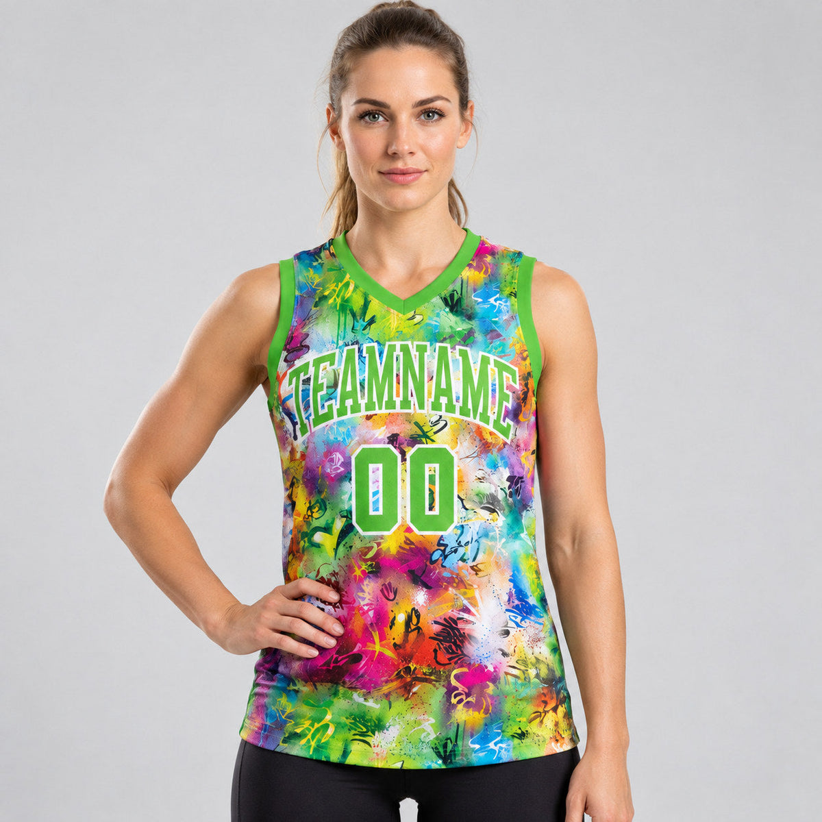 Custom Neon Green and White Graffiti Round Neck Sublimated Basketball Jersey worn by female model