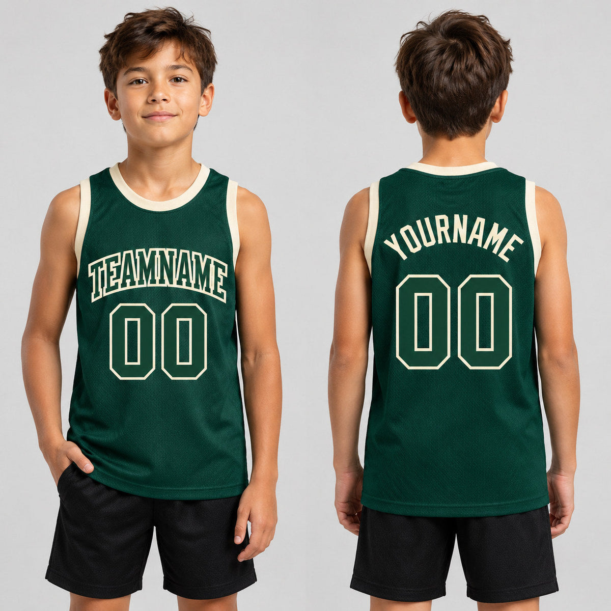 Custom Hunter Green Authentic Throwback Basketball Jersey with Green and Cream Lettering youth size worn by child model