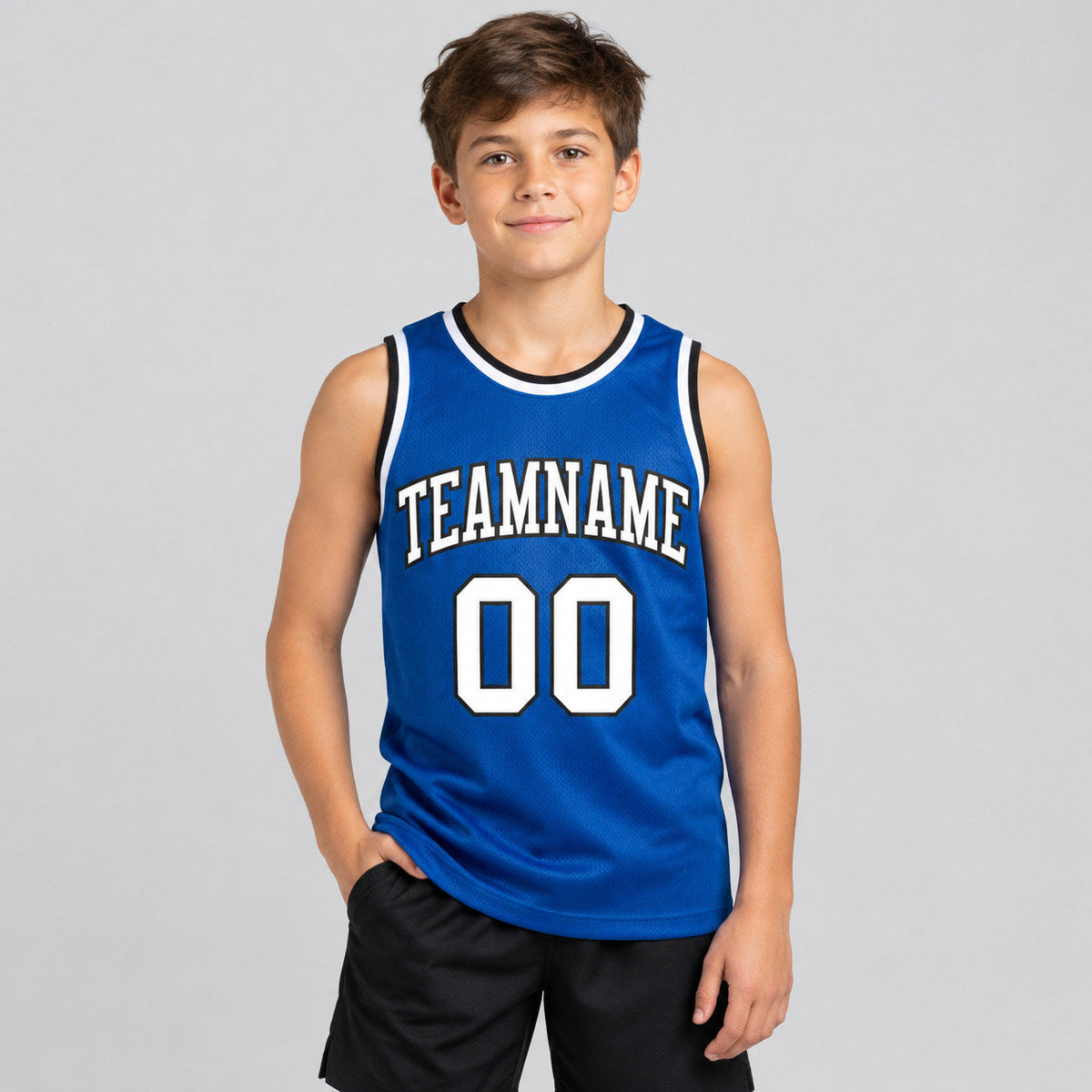 Custom Royal Authentic Throwback Basketball Jersey with White and Black Lettering Design 0346 youth size worn by child model