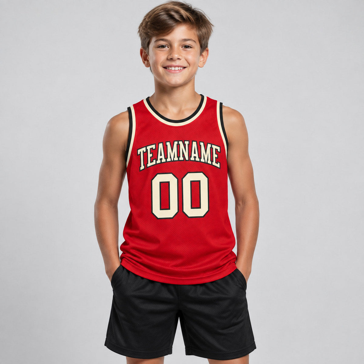 Custom Red Authentic Throwback Basketball Jersey with Cream and Black Lettering youth size worn by child model