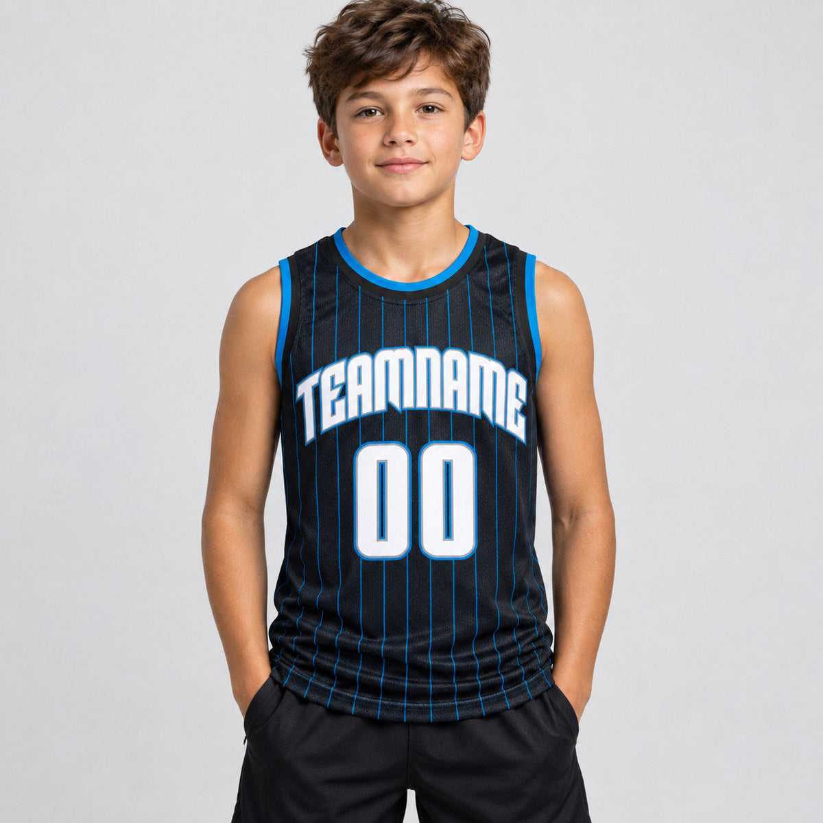 Custom Black and Royal Pinstripe Authentic Basketball Jersey with White and Blue Lettering youth size worn by child model