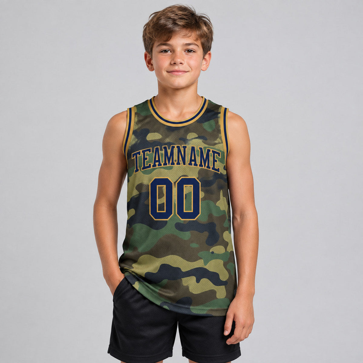 Custom Navy and Old Gold Camo Salute To Service Authentic Basketball Jersey youth size worn by child model