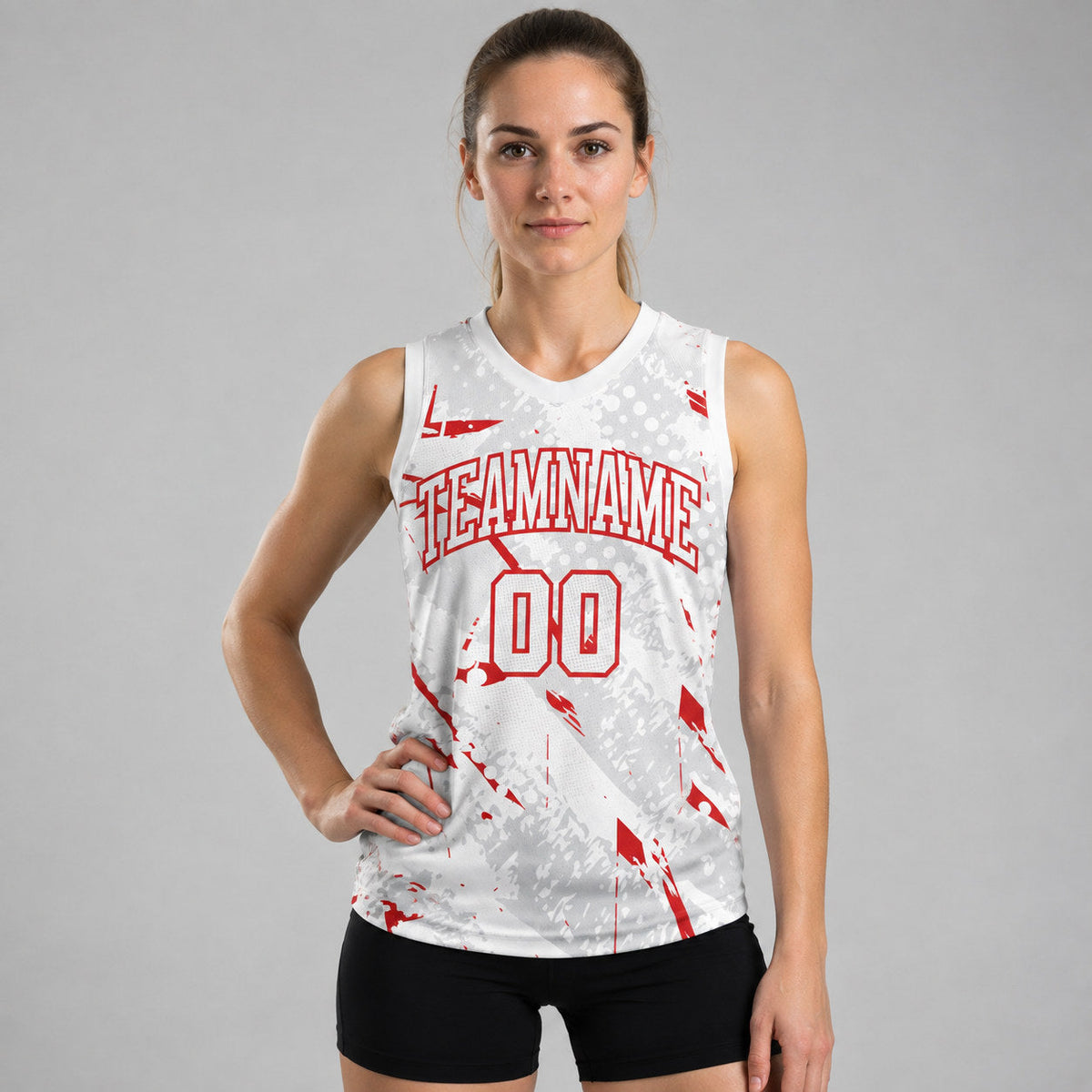 Custom White Bright Lines Round Neck Sublimated Basketball Jersey with Red Lettering worn by female model