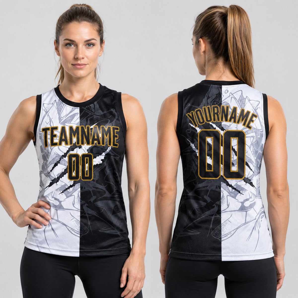 Custom Black and Old Gold Graffiti Scratch Round Neck Sublimated Basketball Jersey worn by female model