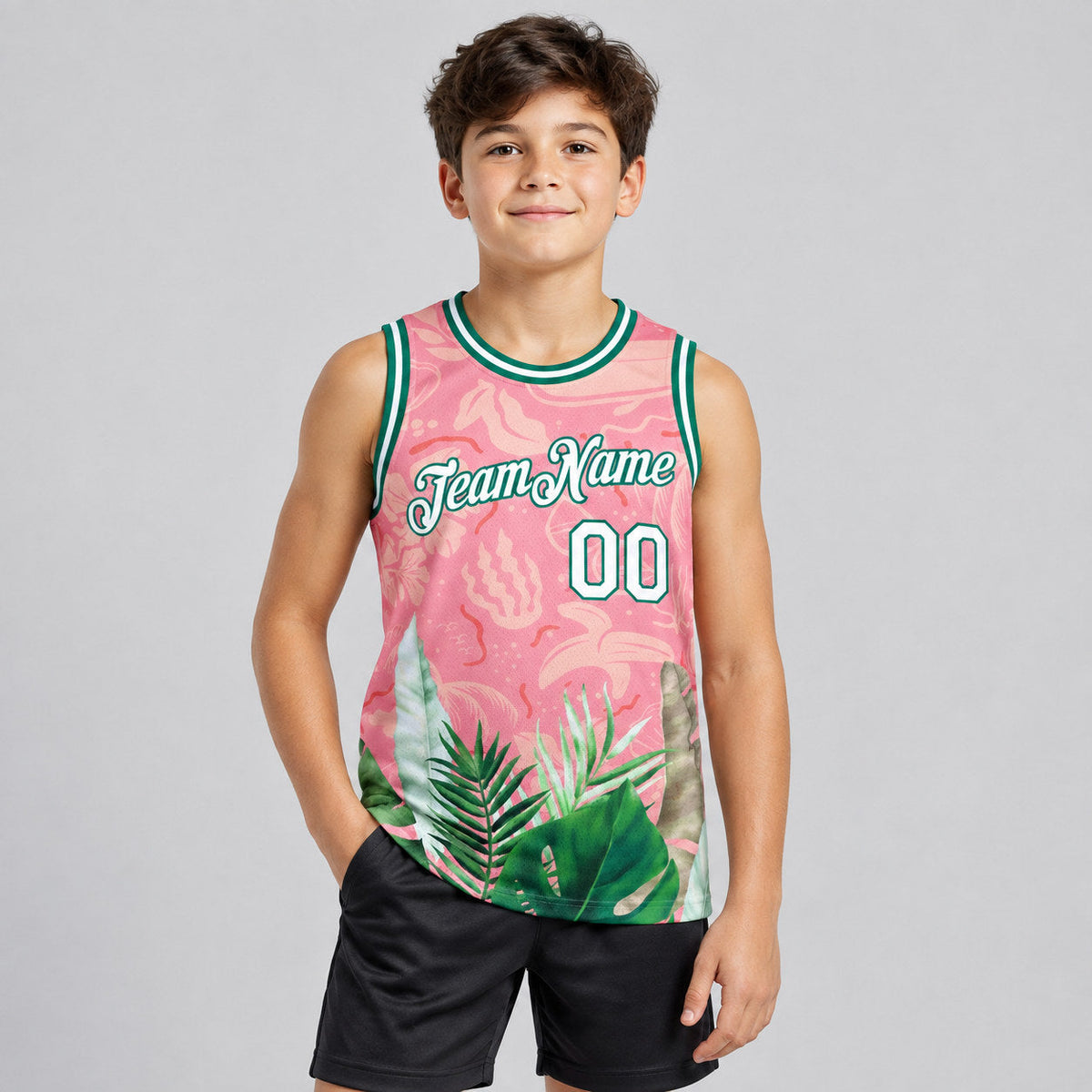 Custom Medium Pink Tropical Hawaii Leaves Basketball Jersey with White and Kelly Green Lettering youth size worn by child model
