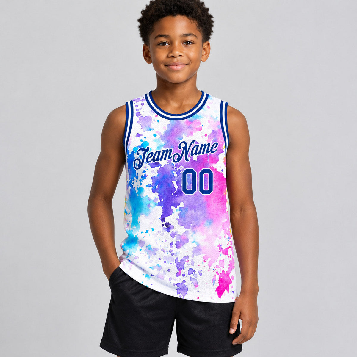 Custom White Watercolor Splash Authentic Basketball Jersey with Royal Lettering youth size worn by child model