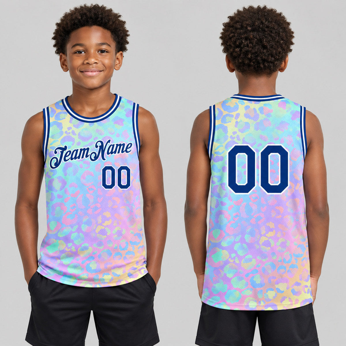 Custom Pink Leopard Print Authentic Basketball Jersey with Royal and White Lettering youth size worn by child model