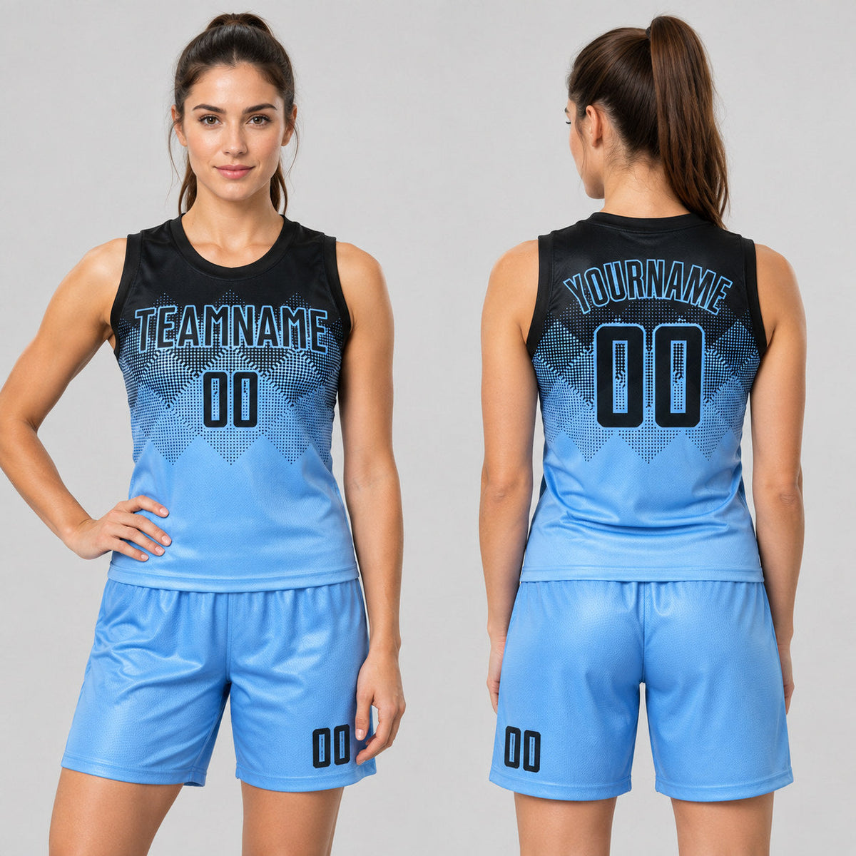 Custom Light Blue Round Neck Sublimated Basketball Jersey with Black Lettering worn by female model
