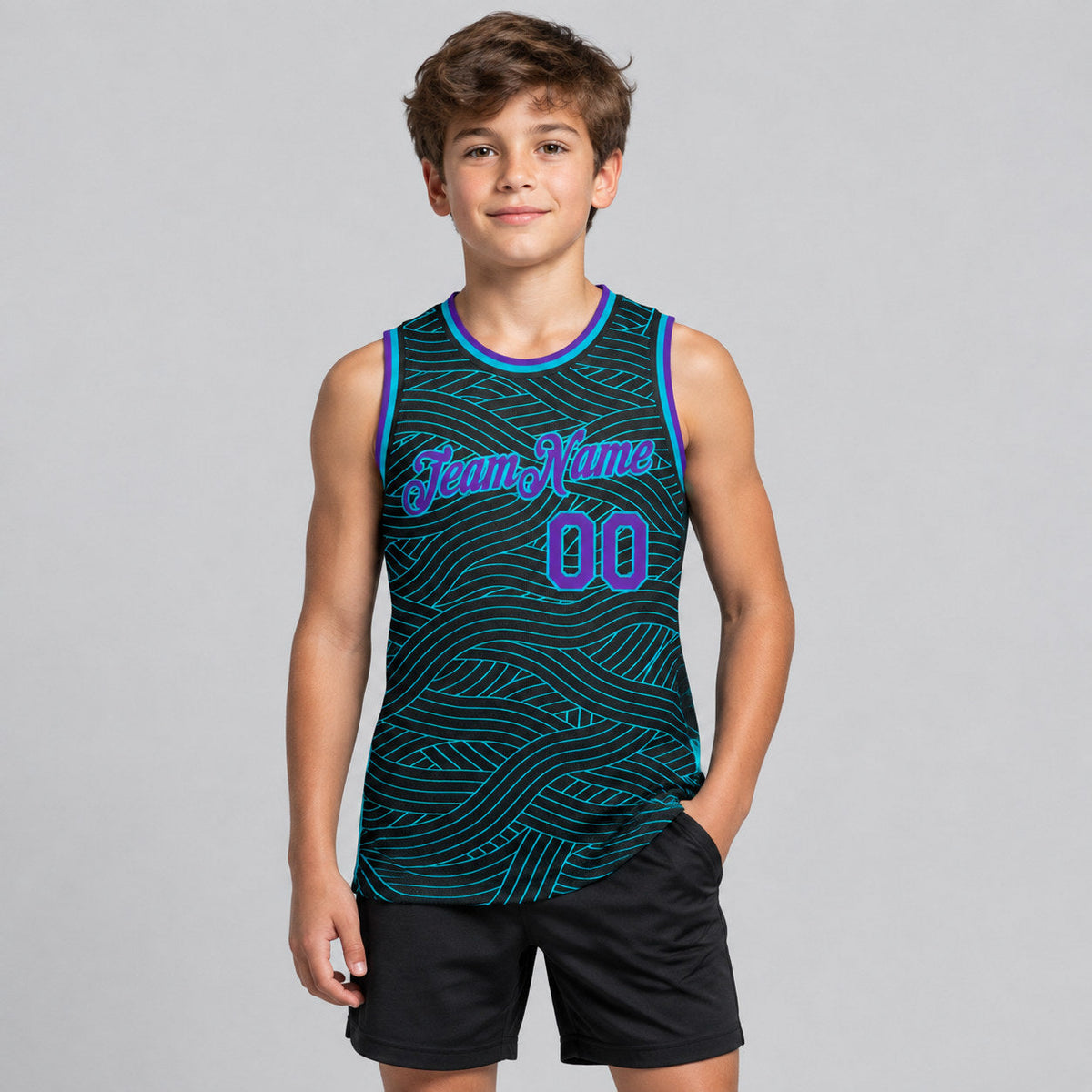 Custom Black City Edition Authentic Basketball Jersey with Purple and Teal Lettering youth size worn by child model