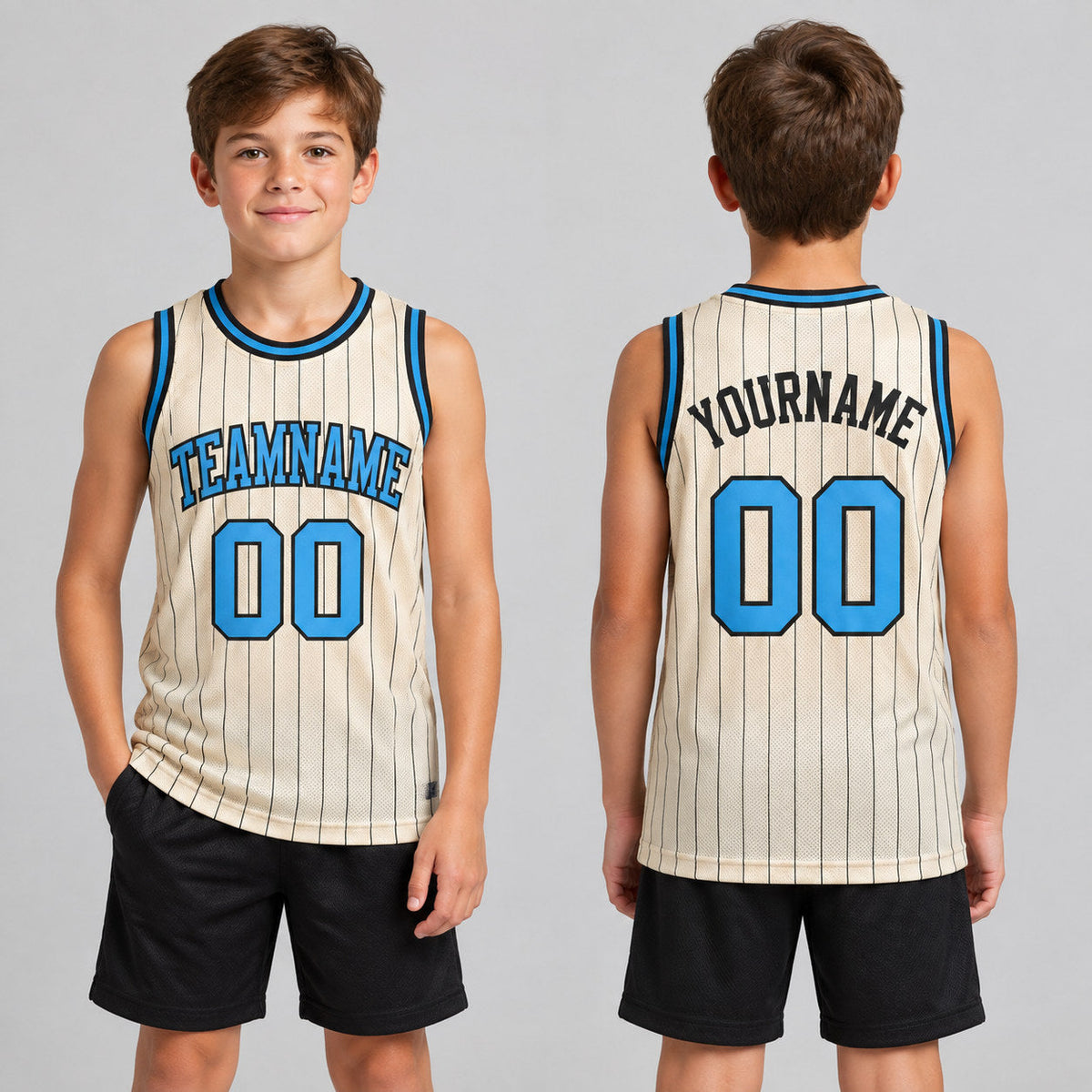 Custom Cream Pinstripe Authentic Basketball Jersey with Black Lettering Design 0425 youth size worn by child model