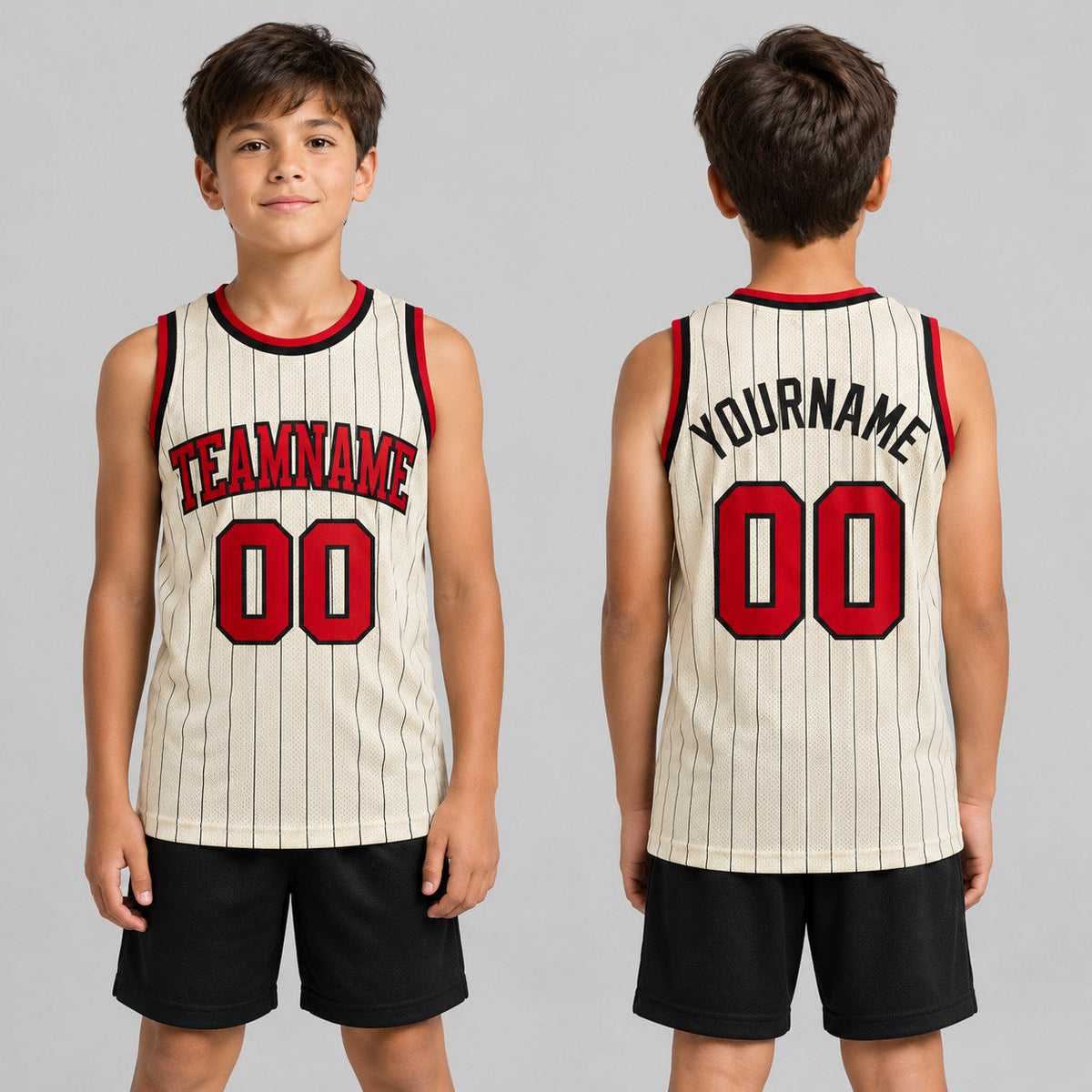 Custom Cream Pinstripe Authentic Basketball Jersey with Black Lettering Design 0420 youth size worn by child model