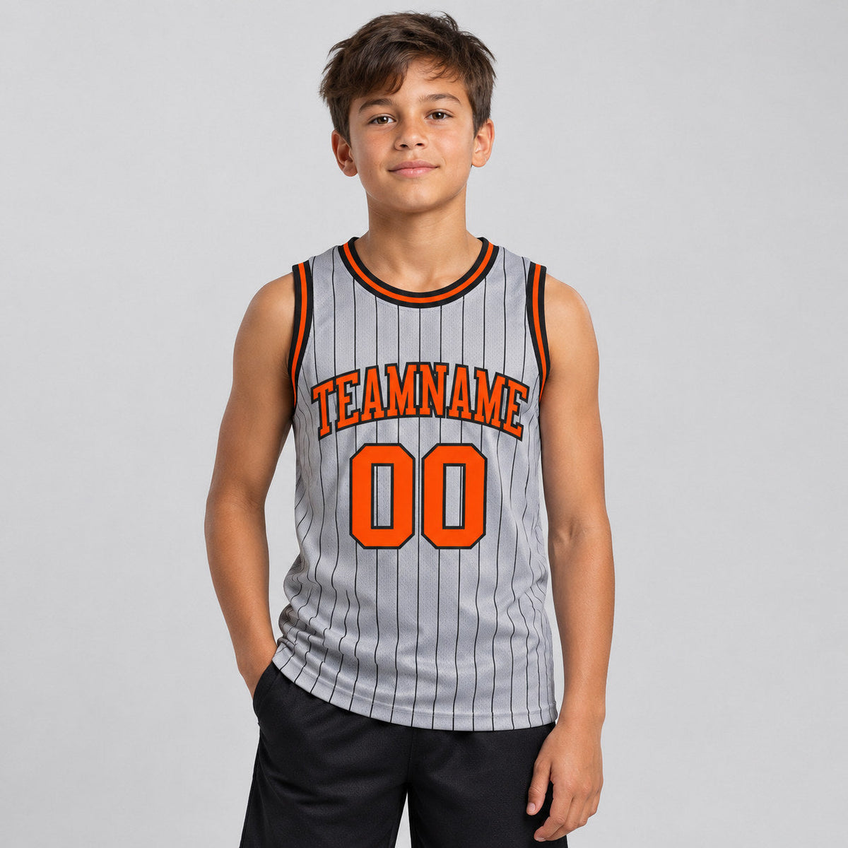 Custom Gray Pinstripe Authentic Basketball Jersey with Black Lettering Design 0443 youth size worn by child model