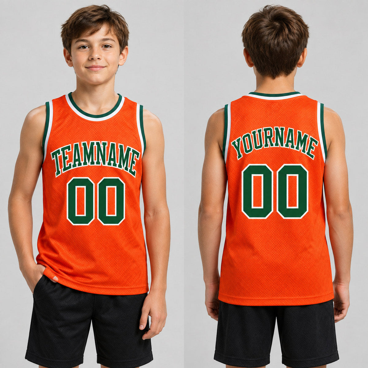 Custom Orange Authentic Throwback Basketball Jersey with Green and White Lettering Design 0303 youth size worn by child model