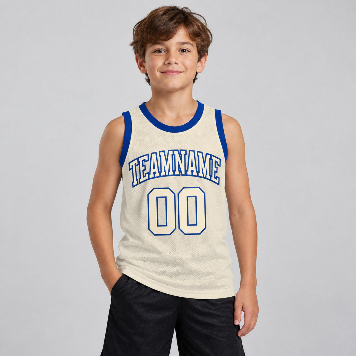Custom Cream Authentic Throwback Basketball Jersey with Cream and Royal Lettering youth size worn by child model