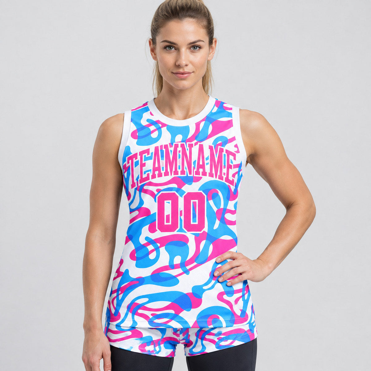 Custom White Music Festival Round Neck Basketball Jersey with Pink and Light Blue Lettering worn by female model